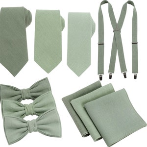 Sage Green Color Variation Neckties, Suspenders, Bow Ties, Handkerchief - Groomsmen Pack for Themed Sage Wedding / Regular, 7cm, skinny ties