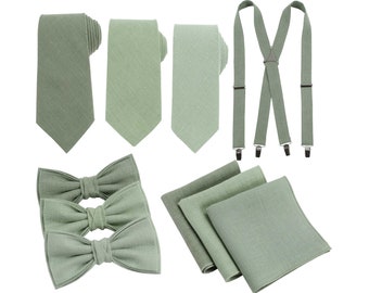 Sage Green Color Variation Neckties, Suspenders, Bow Ties, Handkerchief - Groomsmen Pack for Themed Sage Wedding / Regular, 7cm, skinny ties