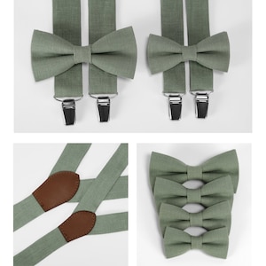 Eukalyptus, Salbeigrün Farbvariante für Leinenfliegen mit passendem Einstecktuch, Krawatten, Hosenträger aus natürlichem Leinenstoff Bild 6