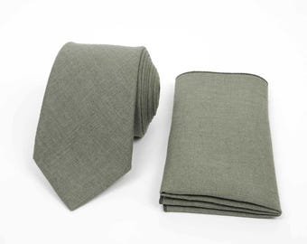Army Green Linen Tie and Pocket Square - Wedding Groomsmen