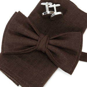 Cocoa bow tie, Linen pocket square, Cocoa Brown color Men&#39;s bow tie , Boy&#39;s bow tie , Bowtie for men, bow tie, Brown cufflinks