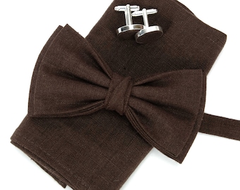 Cocoa bow tie, Linen pocket square, Cocoa Brown color Men's bow tie , Boy's bow tie , Bowtie for men, bow tie, Brown cufflinks