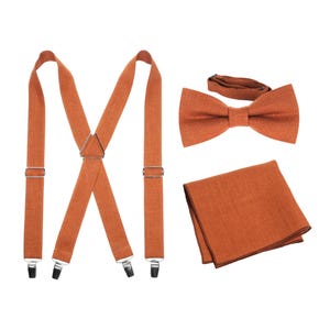 Linen X Style Terracotta Suspenders Bow tie | Adult & Kid Sizes | Matching Pocket Square | Terracotta Brown Color Suspenders Made From Linen