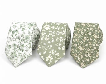 Sage Green Cotton Necktie with Floral Print Three Color Options, White, Sage, Eucalyptus