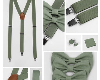 Salbeigrüne Accessoires: elastische Hosenträger, Leinenfliegen, Krawatten in Kindergröße, Einstecktücher und Manschettenknopfsets für Jungen und Männer.