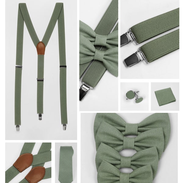 Sage green accessories: elastic suspenders, linen bow ties, child-sized neckties, pocket squares, and cufflink sets for boys and men.