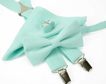 Mint bow tie, Linen pocket square, mint color suspenders, mint braces, Bowtie for men, bow tie, cufflinks