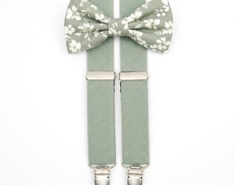 Sage Green Elastic Suspenders and Floral Bow Tie Set | For Adult , Boys, and Teens