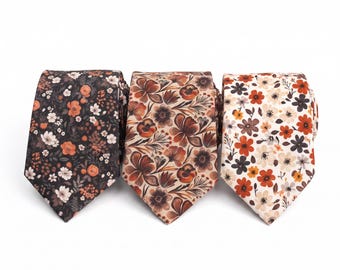 Dark Rose & Brown Floral Necktie | Soft White Flowers Cotton Men's Tie | Classic Floral Neckwear for Men