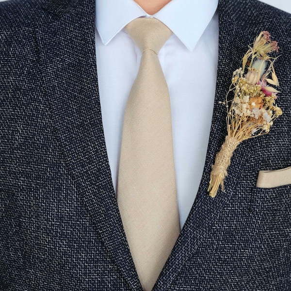 Beige Necktie For Wedding / Beige tie For Groomsmen / Beige Pocket Square With Necktie / Beige Men's Necktie