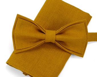 Linen mustard color bow tie with matching pocket square / Mustard yellow pocket square, sage green bow tie / Wedding bow tie