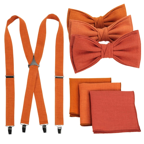 Lino naranja quemado pajaritas, pañuelos de bolsillo, tirantes en color naranja pajarita, accesorios de traje, pañuelo de lino en color naranja