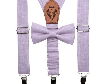 Dusty lilac Linen Personalized Suspenders, Bow Tie, Pocket Square - Available in Men&#39;s and Boys&#39; Sizes