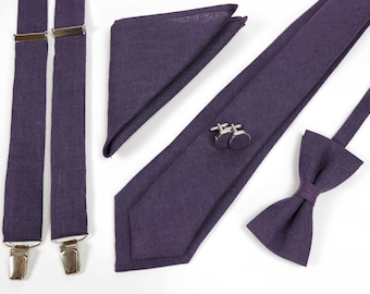 Cravate violette, noeud papillon, bretelles, pochette pour mariage / cravate régulière, cravate skinny - bretelles taille adulte et garçon