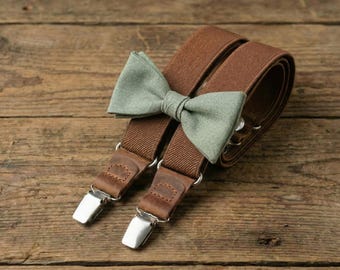 Brown Elastic Suspenders & Eucalyptus Green Linen Bow Tie Set