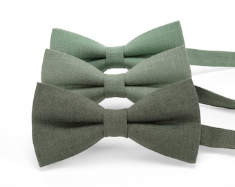 Sage green, eucalyptus color variation for linen bow ties with matching pocket square, neckties, suspenders made from natural linen fabric