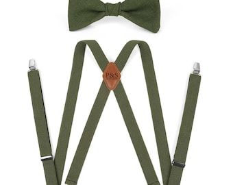 Personalized Forest Green Suspenders & Pre-tied Bow Tie Set