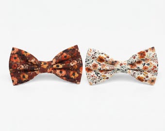 Terracotta Floral Cotton Bow Ties, Pre-tied Adjustable Wedding Groomsmen Ring Bearers