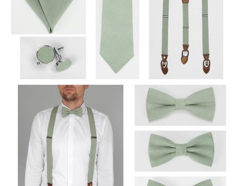 Latest in men's fashion: green linen suspenders, a matching bow tie, pocket square, necktie and cufflinks. For any special occasion.