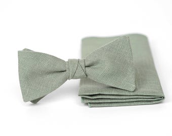 Eucalyptus Green Linen Bow Tie, Pocket square, Wedding Set