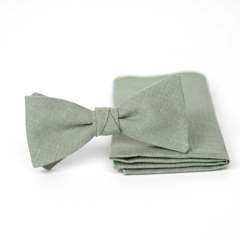 Eucalyptus Green Linen Bow Tie, Pocket square, Wedding Set