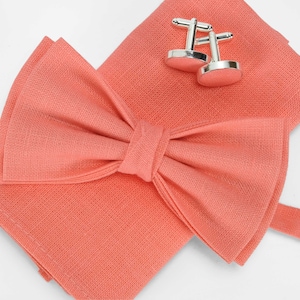 Coral bow tie, Linen pocket square, coral color Men&#39;s bow tie , Boy&#39;s bow tie , Bowtie for men, bow tie, salemon coral cufflinks