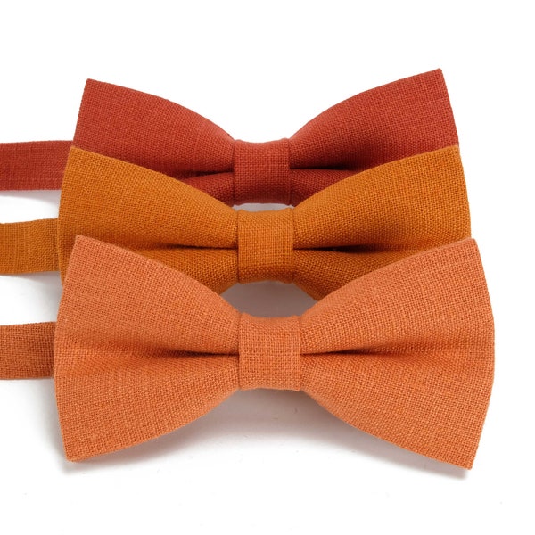 Orange and rust color variation for linen bow ties with matching pocket square, neckties, suspenders made from natural linen fabric