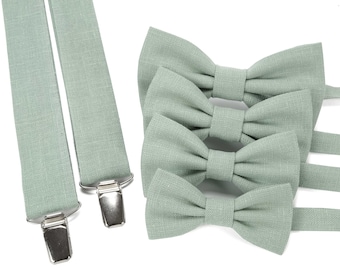 Light sage green linen bow tie, child bow tie suspenders / men's bow tie suspenders / sage green bow tie suspenders boy's size