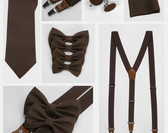 Handmade Dark Brown Elastic Suspenders, Linen Bow Ties, Adult & Child Sizes