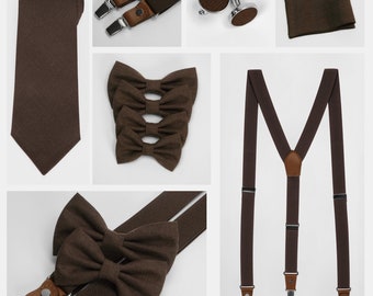 Dark brown elastic suspenders paired with linen bow ties, handkerchiefs, and neckties available in both adult and child sizes.