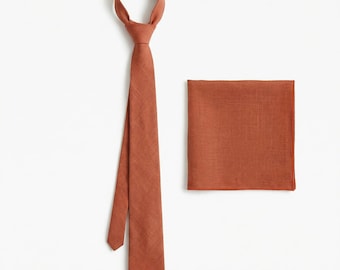 Terracotta Linen Necktie & Pocket Square Set: Burnt Orange Wedding Tie