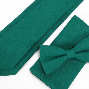 Linen Emerald Necktie, Bow tie, Pocket Square For Wedding - Formal Event / Regular Tie, Skinny Tie's - Adult's and Boy's size Neckties