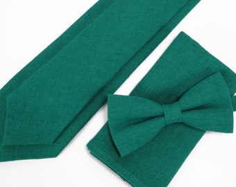 Linen Emerald Necktie, Bow tie, Pocket Square For Wedding - Formal Event / Regular Tie, Skinny Tie's - Adult's and Boy's size Neckties