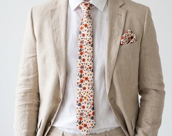 Colorful Terracotta Floral Cotton Necktie, Botanical Print Modern Tie