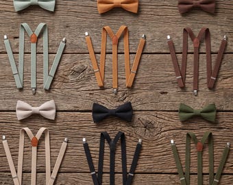 Linen Bow Tie with Matching Elastic Suspenders, Handmade Sage green, Brown, Rustic, Beige Colors