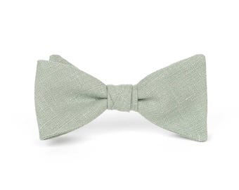 Muszka z lnu w kolorze szałwiowej zieleni, gotowa do wiązania, dodatki ślubne dla drużbów