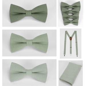 Stylish green linen bow ties, impeccably paired with suspenders, pocket squares, and cufflinks. Available in all sizes. Sage green color tie Pocket square