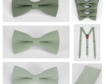 Eleganti papillon in lino verde, impeccabilmente abbinati a bretelle, pochette e gemelli. Disponibile in tutte le taglie. Cravatta colore verde salvia