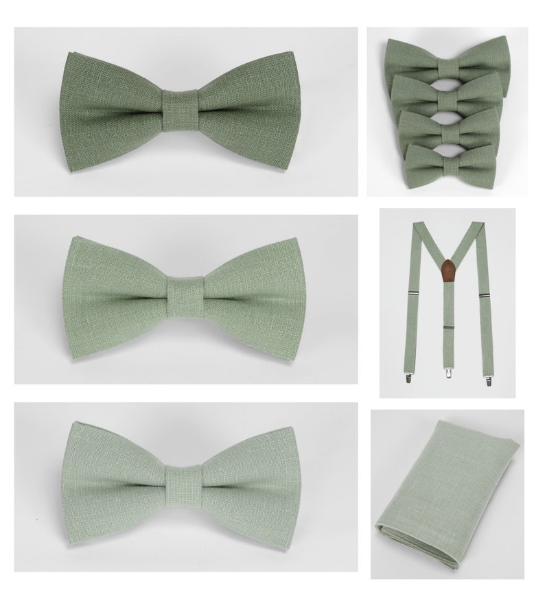 Stylish green linen bow ties, impeccably paired with suspenders, pocket squares, and cufflinks. Available in all sizes. Sage green color tie Pocket square