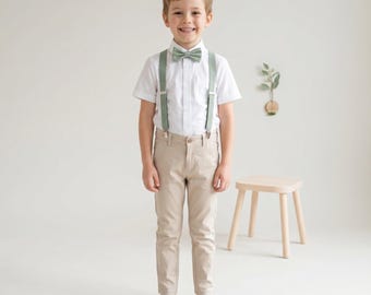 Sage Green Kids Suspenders Bow Tie Set