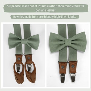 Eucalyptus green elastic suspenders linen bow tie, pocket square, sage green necktie with suspenders, adult size green suspenders set image 7