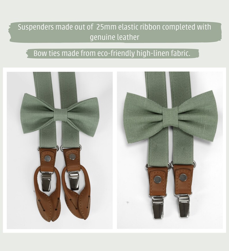 Eucalyptus green elastic suspenders linen bow tie, pocket square, sage green necktie with suspenders, adult size green suspenders set image 7