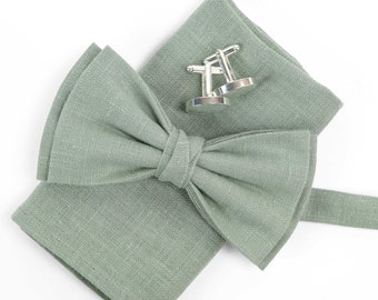 Light sage bow tie, Linen pocket square, Sage green suspenders, Sage green braces, Bowtie for men, Sage bow tie, cufflinks