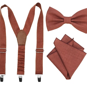 Terracotta Linen Suspenders, Bow Tie, and Pocket Square - Available in Child and Adult Sizes