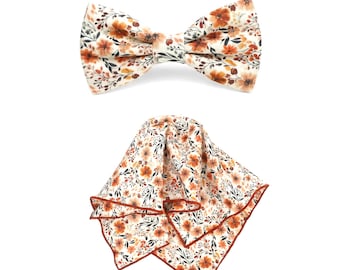 Terracotta Bow Tie Pocket square Set, Pre-tied Adjustable Wedding Groomsmen
