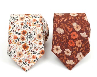 Terracotta Floral Cotton Necktie, Rust Orange Menswear, Boho Wedding Accessory, Botanical Print, Groomsmen Gift