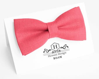 Coral Bow Tie For Wedding / Linen Bow Tie For Groomsmen / Coral Pocket Square With Bow Tie / Coral Boy's bow tie / Coral Bow Tie For Men