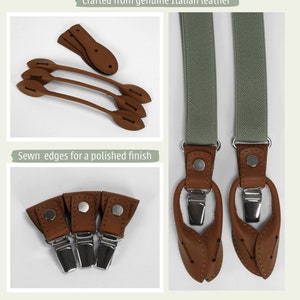Eucalyptus groene elastische bretels linnen vlinderdas, pochet, saliegroene stropdas met bretels, groene bretelsset voor volwassenen afbeelding 8