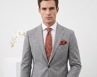 Terracotta Wedding Tie, Rustic Floral Woven Groom Necktie, Burnt Orange Tie Pocket Square Set