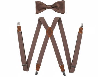 Taupe Suspenders & Pre-Tied Bow Tie Set X-Back Braces with Leather Ends